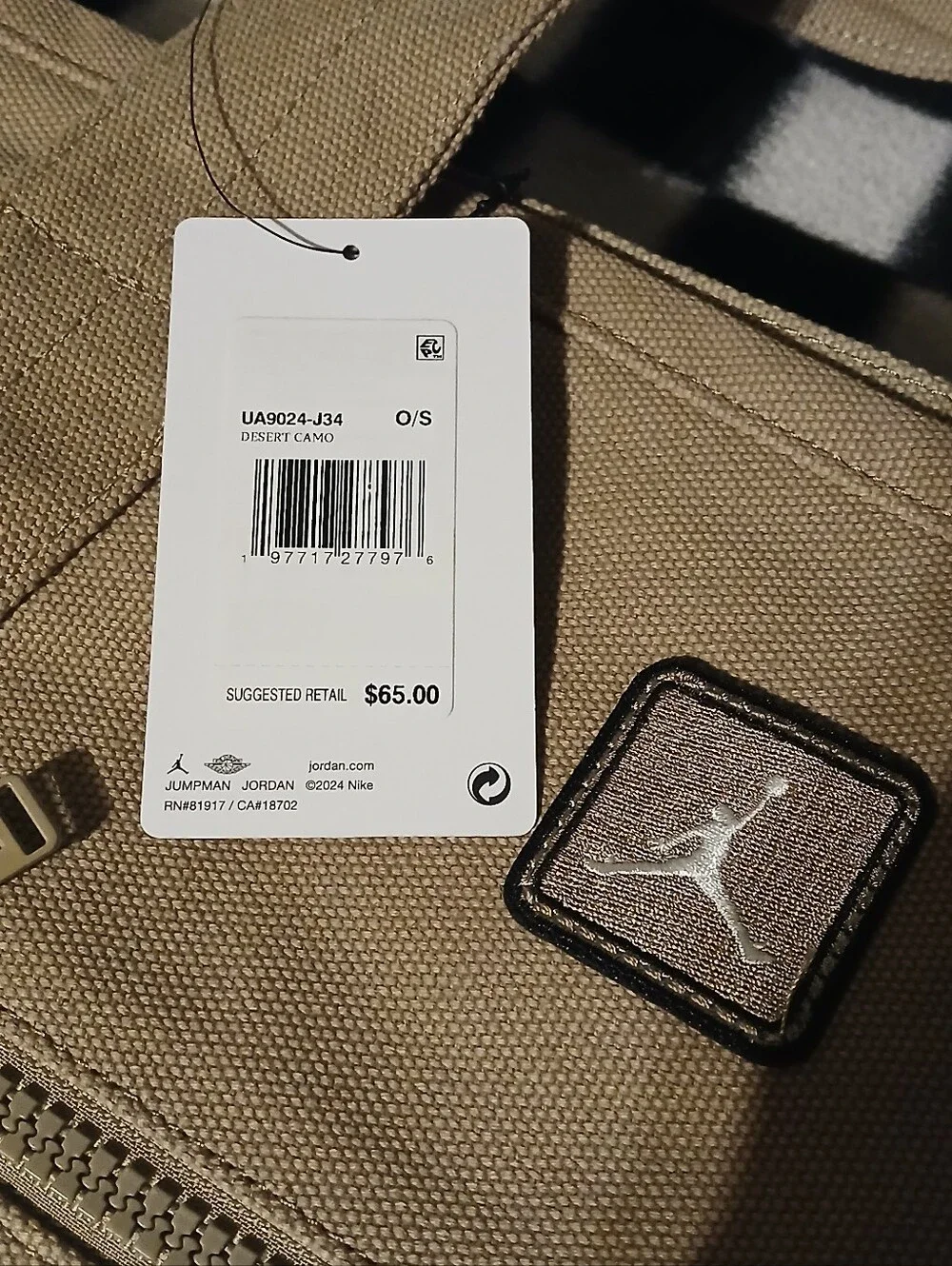 Jordan Tan Canvas Tote with Front Zip and Logo Patch